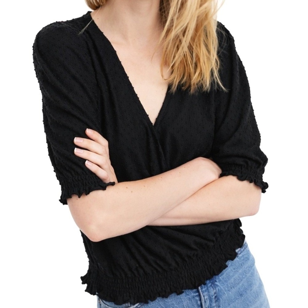 Madewell Texture &‎ Thread Black Clip Dot Smocked Wrap Top Womens Size Medium